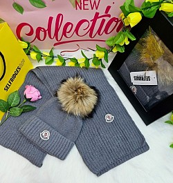 GREY MONCLER HAT AND SCARF SET £35